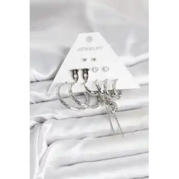 Gümüş Renk Pirinç 6lı Kadın Küpe Seti