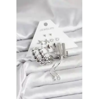 Gümüş Renk Pirinç 6lı Kadın Küpe Seti
