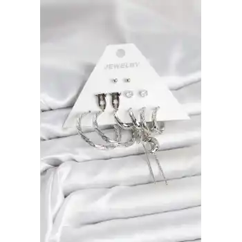 Gümüş Renk Pirinç 6lı Kadın Küpe Seti