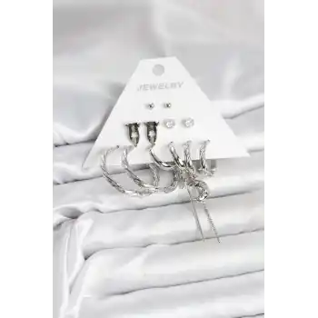 Gümüş Renk Pirinç 6lı Kadın Küpe Seti
