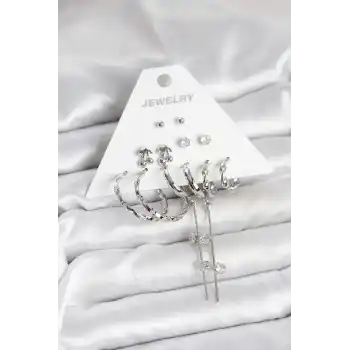 Gümüş Renk Pirinç 6lı Kadın Küpe Seti