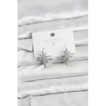 Gümüş Renk Pirinç Çift Taraflı Kutup Yıldızı Kadın Küpe