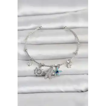 Gümüş Renk Pirinç Deniz Tema Charmlı Kadın Bileklik