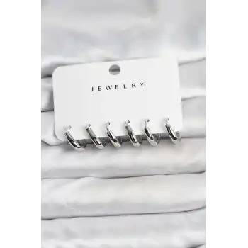 Gümüş Renk Pirinç Halka Kadın Küpe Seti