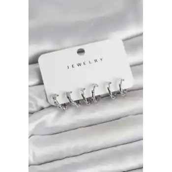 Gümüş Renk Pirinç Kemik Model 3 Çift Kadın Küpe Seti