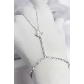 Gümüş Renk Pirinç Lazerli Yonca Model Zirkon Taşlı Şahmeran