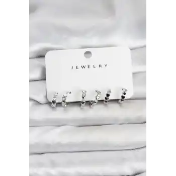 Gümüş Renk Pirinç Minimal Kalp Detaylı Kadın Küpe Seti