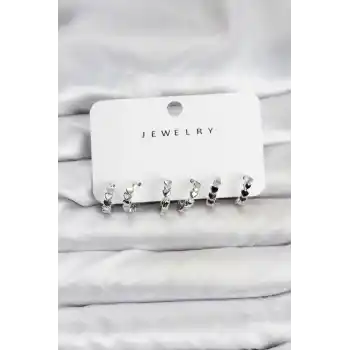 Gümüş Renk Pirinç Minimal Kalp Detaylı Kadın Küpe Seti