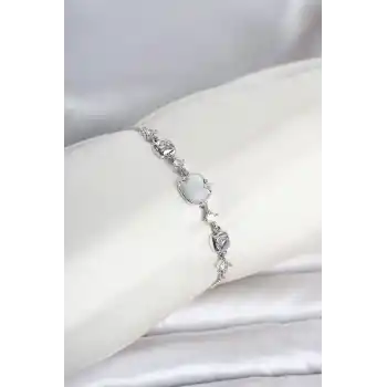 Gümüş Renk Pirinç Sedefli Asansörlü Kadın Bileklik