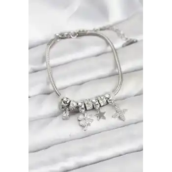 Gümüş Renk Pirinç Yonca Charmlı Kadın Bileklik