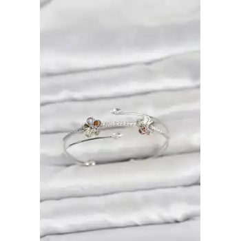 Gümüş Renk Pirinç Zirkon Taşlı Çiçek Model Kadın Bileklik