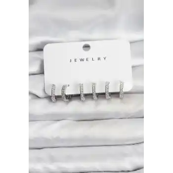 Gümüş Renk Pirinç Zirkon Taşlı Halka Kadın Küpe Seti