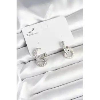 Gümüş Renk Pirinç Zirkon Taşlı Halka Model Kadın Küpe