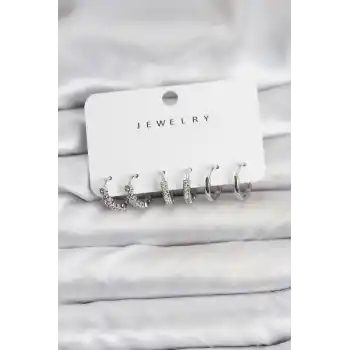 Gümüş Renk Pirinç Zirkon Taşlı Kadın Küpe Seti