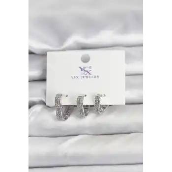 Gümüş Renk Pirinç Zirkon Taşlı Kalpli Kadın Küpe