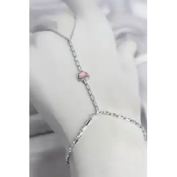Gümüş Renk Pirinç Zirkon Taşlı Pembe Kalp Model Şahmeran