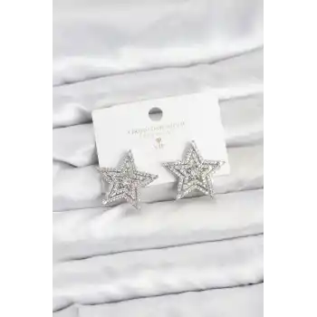 Gümüş Renk Pirinç Zirkon Taşlı Yıldız Model Kadın Küpe