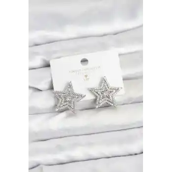 Gümüş Renk Pirinç Zirkon Taşlı Yıldız Model Kadın Küpe