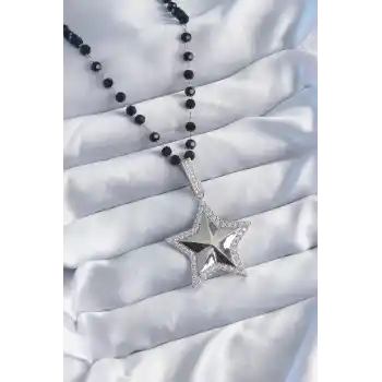 Gümüş Renk Siyah Boncuk Zirkon Taşlı Pirinç Yıldız Model VİP Seri Kadın Kolye
