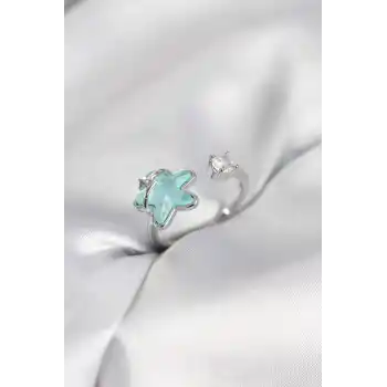 Gümüş Renk Turkuaz Yıldız Model Kadın Yüzük