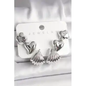 Gümüş Renk Yonca Kalp Deniz Kabuğu Figür CCB Kadın Küpe Seti