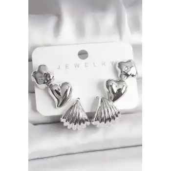 Gümüş Renk Yonca Kalp Deniz Kabuğu Figür CCB Kadın Küpe Seti