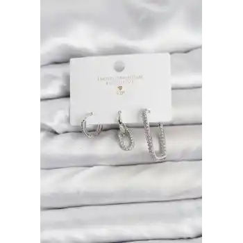 Gümüş Renk Zirkon Taşlı 3lü Kadın Küpe Seti