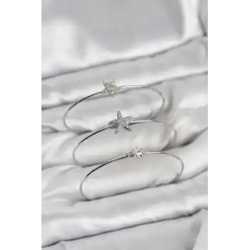 Gümüş Renk Zirkon Taşlı Deniz Yıldızı Model 3lü Kadın Bileklik Kombini