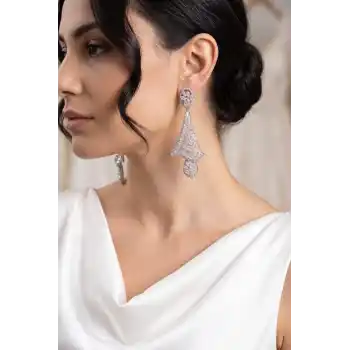 Gümüş Renk Zirkon Taşlı Kadın Abiye Küpe