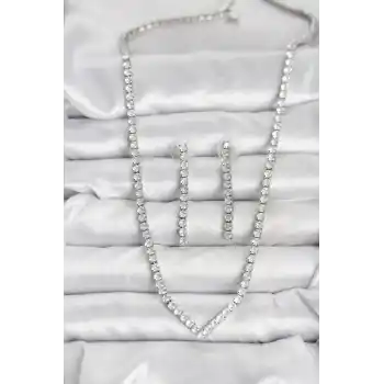 Gümüş Renk Zirkon Taşlı Kadın Kolye Küpe Seti