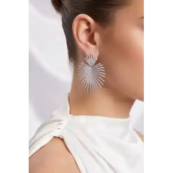 Gümüş Renk Zirkon Taşlı Palmiye Model Kadın Abiye Küpe