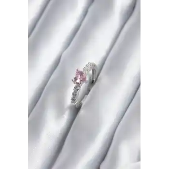 Gümüş Renk Zirkon Taşlı Pembe Kristal Kalp Model Kadın Yüzük