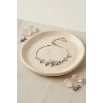 Gümüş Renk Zirkon Taşlı Pirinç Sedefli Çiçek Model Asansörlü Bileklik