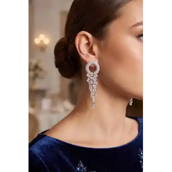 Gümüş Renk Zirkon Taşlı Saçaklı Model Kadın Abiye Küpe