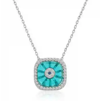 Gümüş Rodyum Kare Camgöz Nazar Bayan Kolye