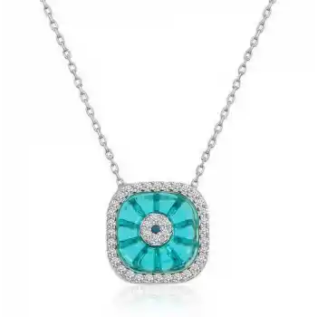 Gümüş Rodyum Kare Camgöz Nazar Bayan Kolye