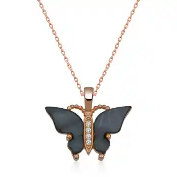 Gümüş Rose Antrasit Kaplangözü Taşlı Kelebek Kolye