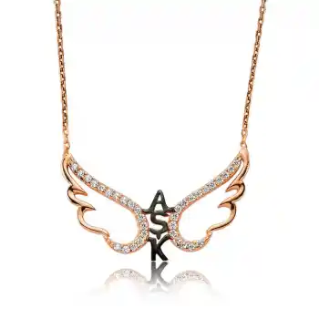 Gümüş Rose Aşk Yazılı Melek Kanadı Kadın Kolye