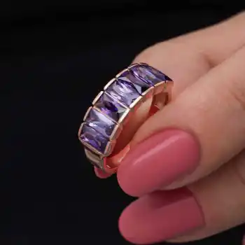 Gümüş Rose Baget  Ametist Taşlı Kadın Yüzük