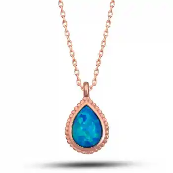 Gümüş Rose Damla Mavi Opal Taşlı Kadın Kolye