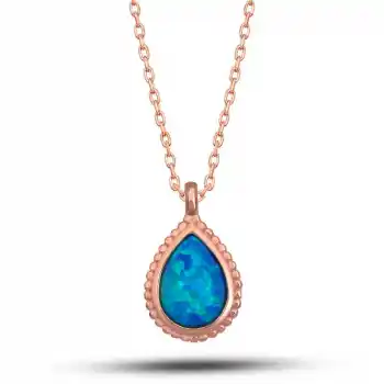 Gümüş Rose Damla Mavi Opal Taşlı Kadın Kolye