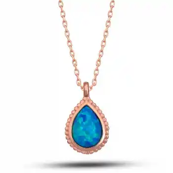 Gümüş Rose Damla Mavi Opal Taşlı Kadın Kolye
