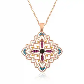 Gümüş Rose Etnik Desenli Madalyon Kolye