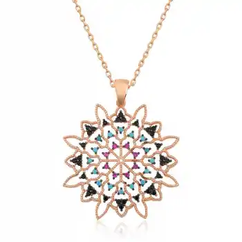 Gümüş Rose Geometrik Desenli Madalyon Kolye