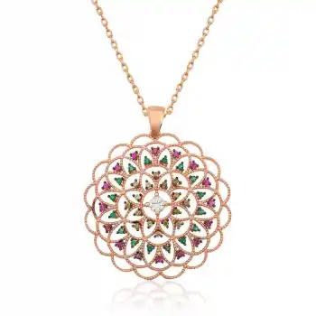 Gümüş Rose Geometrik Desenli Madalyon Kolye