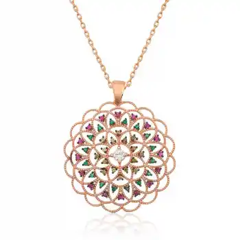 Gümüş Rose Geometrik Desenli Madalyon Kolye
