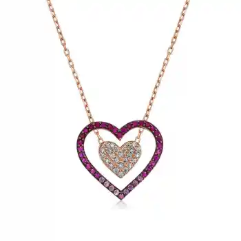 Gümüş Rose İki Kalp Bayan Kolye