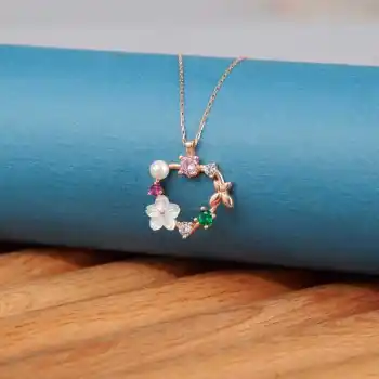 Gümüş Rose Kalp Manolya Çiçeği Kelebek Kadın Kolye