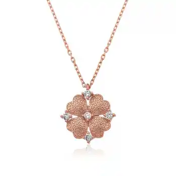 Gümüş Rose Kalp Yapraklı Çiçek Kolye