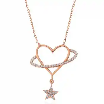 Gümüş Rose Kalp Yıldız Kadın Kolye